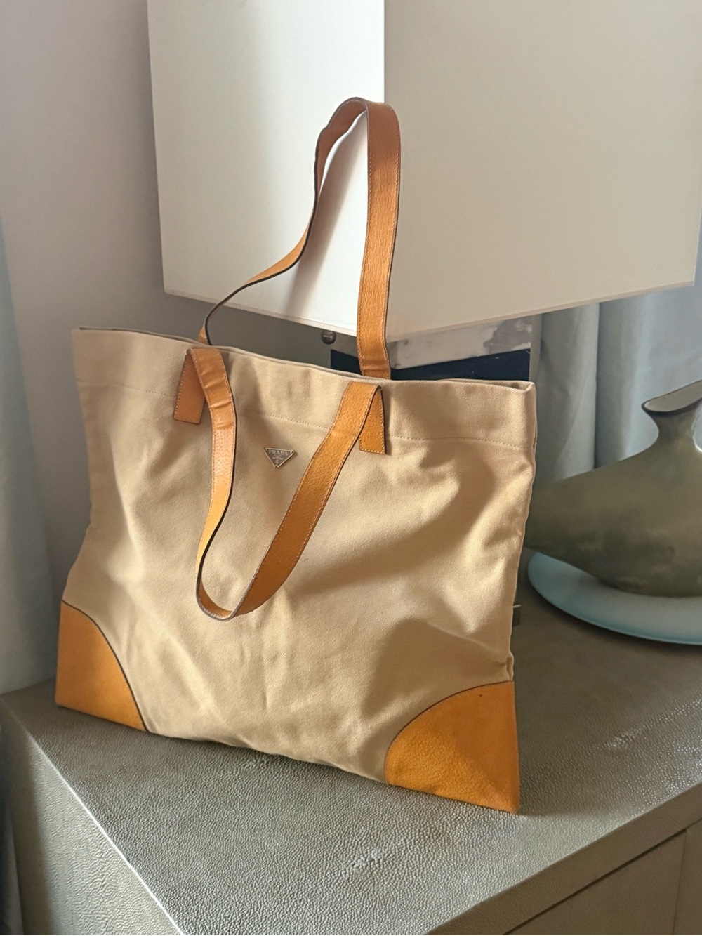 Prada Large Canapa Canvas Tote with Ochre Yellow Cinghiale Boarskin Appliqué - Picture 8 of 14